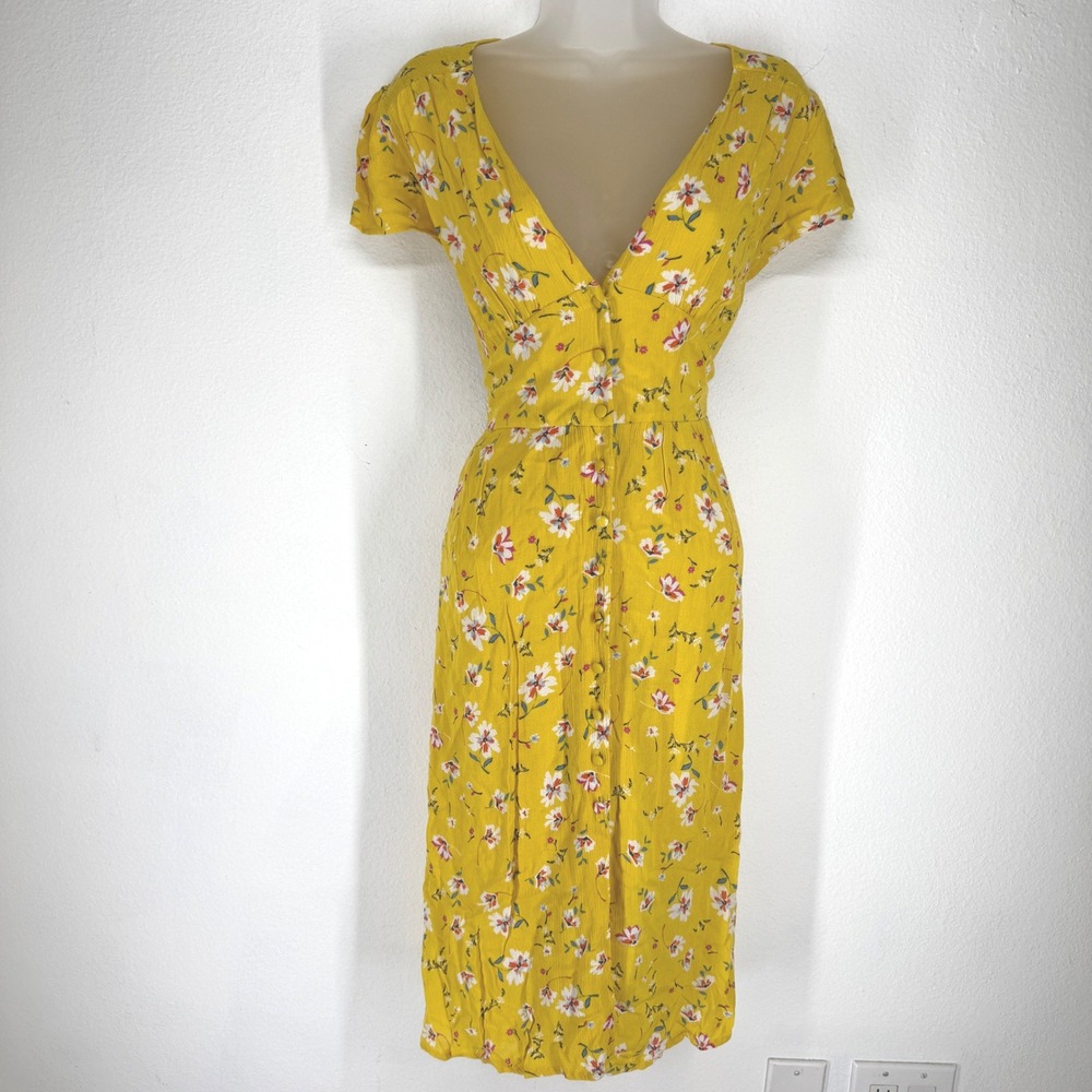 Yellow Floral Button Front Rayon Boho V Neck Midi Sund Dress Womens Large Pin Up